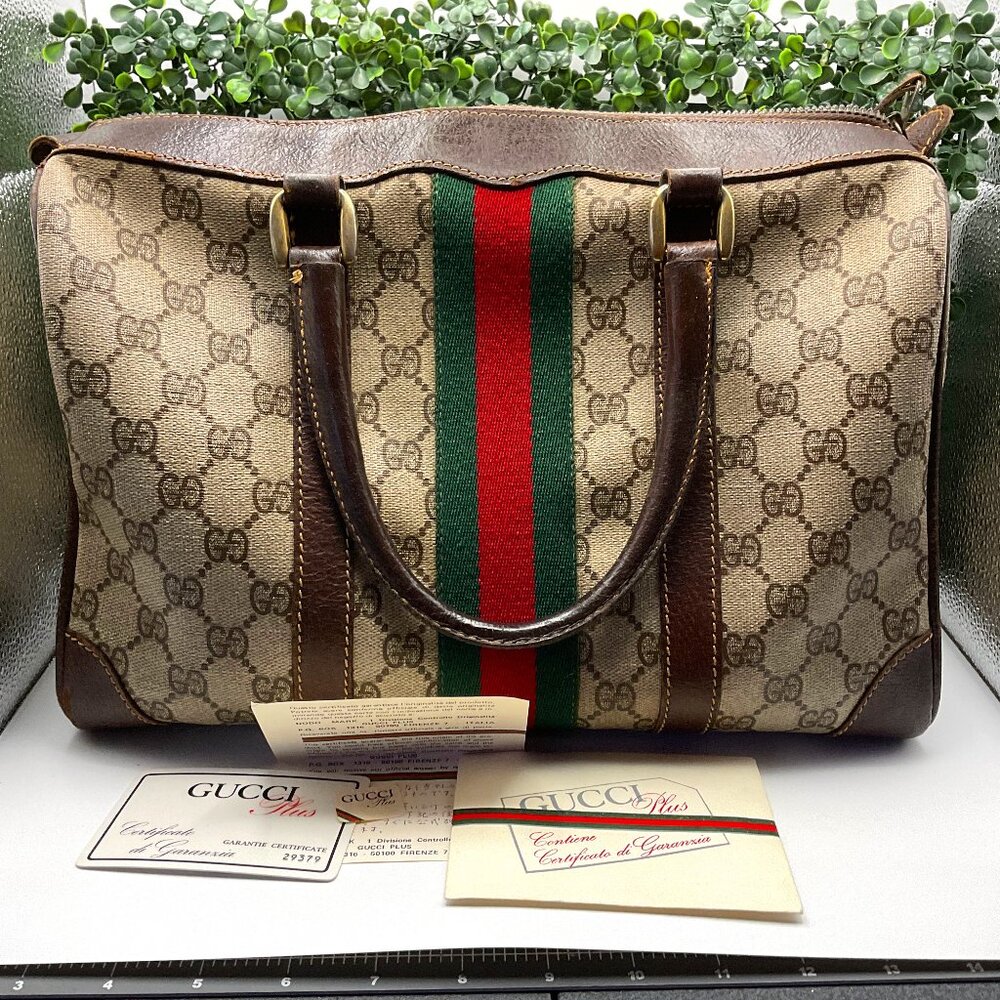 Gucci Brown & Beige GG Supreme Canvas Tote with Green-Red Web